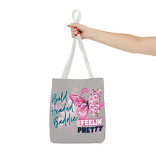 Load image into Gallery viewer, Breast Cancer Support Tote Bag — "Bald Headed Baddie, Feelin' Pretty" Inspirational AOP Tote