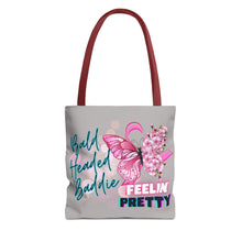 Load image into Gallery viewer, Breast Cancer Support Tote Bag — "Bald Headed Baddie, Feelin' Pretty" Inspirational AOP Tote