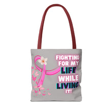 Load image into Gallery viewer, Breast Cancer Support Tote Bag — "Bald Headed Baddie, Feelin' Pretty" Inspirational AOP Tote