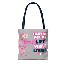 Load image into Gallery viewer, Breast Cancer Support Tote Bag — "Bald Headed Baddie, Feelin' Pretty" Inspirational AOP Tote