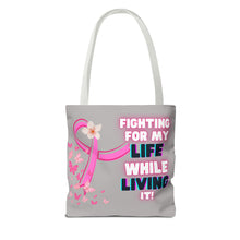 Load image into Gallery viewer, Breast Cancer Support Tote Bag — "Bald Headed Baddie, Feelin' Pretty" Inspirational AOP Tote
