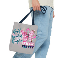Load image into Gallery viewer, Breast Cancer Support Tote Bag — "Bald Headed Baddie, Feelin' Pretty" Inspirational AOP Tote
