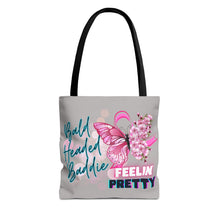 Load image into Gallery viewer, Breast Cancer Support Tote Bag — "Bald Headed Baddie, Feelin' Pretty" Inspirational AOP Tote
