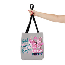 Load image into Gallery viewer, Breast Cancer Support Tote Bag — "Bald Headed Baddie, Feelin' Pretty" Inspirational AOP Tote
